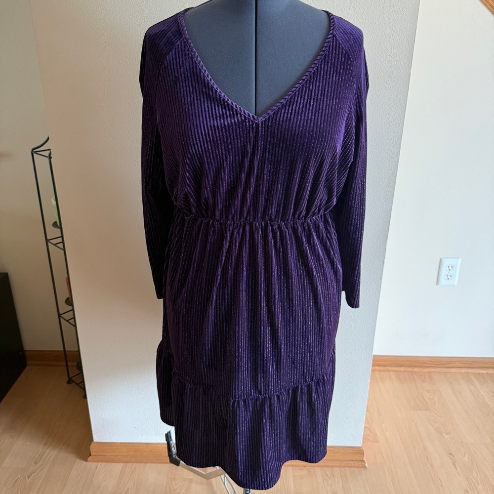 Tacera Women’s Dark Purple Velour Long-Sleeve Stretch Knee-Length Dress, Size 1X